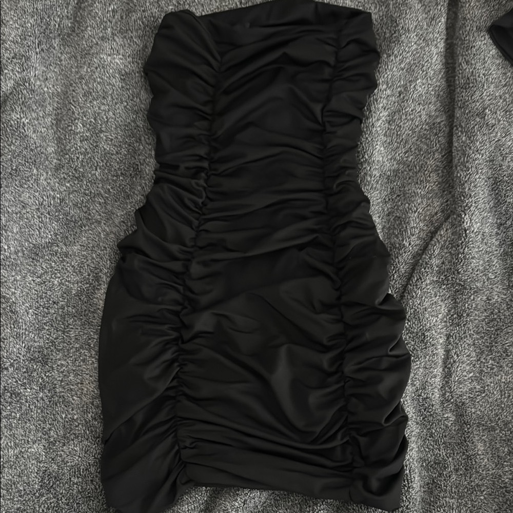 Strapless Black Ruched Mini Dress
